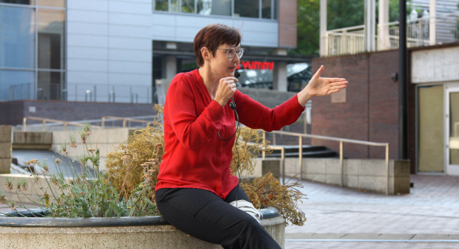 Sarah talking to the Grey Panthers